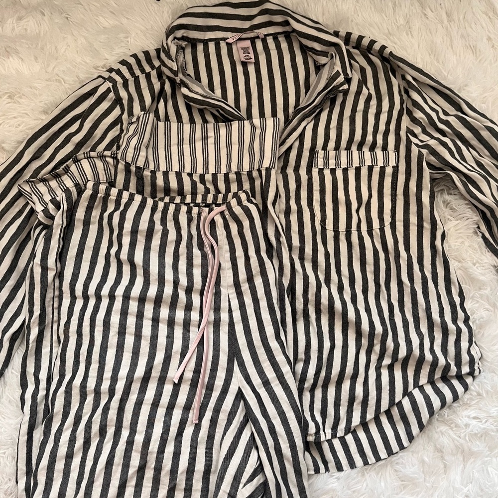 Victorias Secret Grey/White/Pink Striped Pajama Set